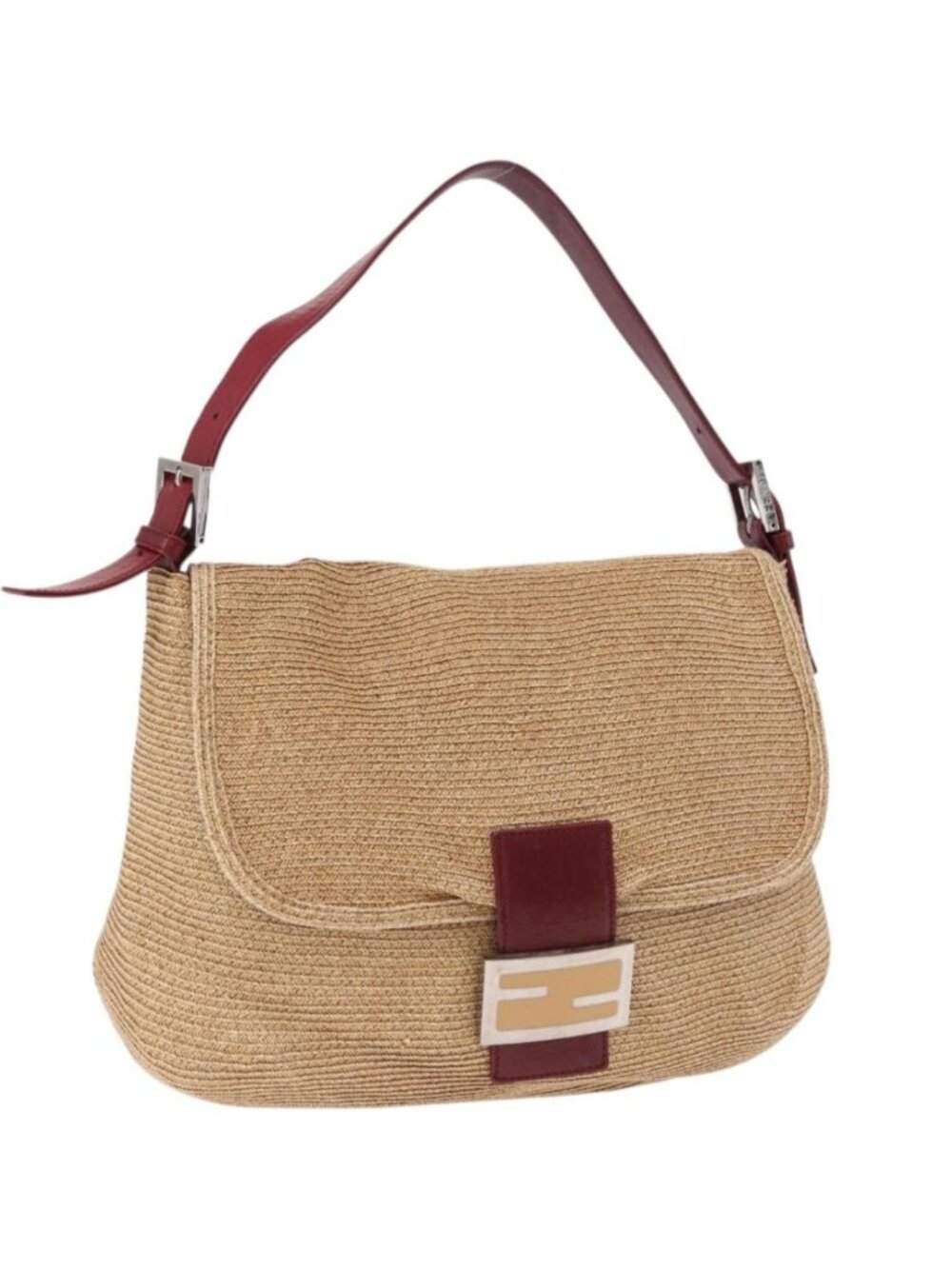 FENDI Mamma Baguette Shoulder Bag Straw Beige Silver